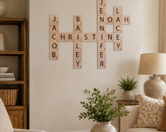 Personalized Scrabble Wall Art Family Names, 4x4 Wooden Letter Tiles, Rustic Home Decor, Custom Crossword Name Sign, Farmhouse Wall Art Gift