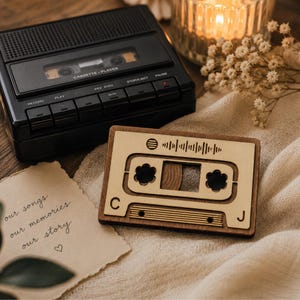 Personalized Spotify Plaque with QR Code, Engraved Wood Cassette Tape Sign, Custom Song Wall Art, Couples Soundtrack Decor, Music Display