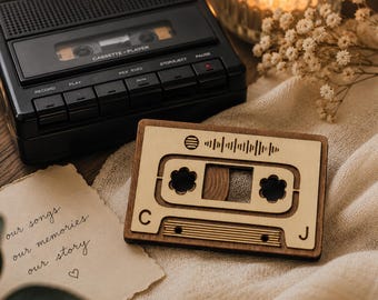 Personalized Spotify Plaque with QR Code, Engraved Wood Cassette Tape Sign, Custom Song Wall Art, Couples Soundtrack Decor, Music Display