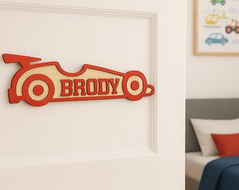 Personalized Race Car Name Sign, Custom Car Door Hanger, Kids Bedroom Door Decor, Race Car Nursery Wall Sign