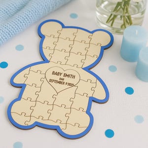 Personalized Baby Shower Guest Book Puzzle, Wooden Teddy Bear Keepsake, Newborn Signature Gift, Unique Baby Guestbook Alternative