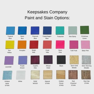 May include: A color chart from Keepsakes Company displays paint and stain options. The chart features a variety of colors, including blues, greens, pinks, and wood stains. Each color is presented on a small square, with the color name below.