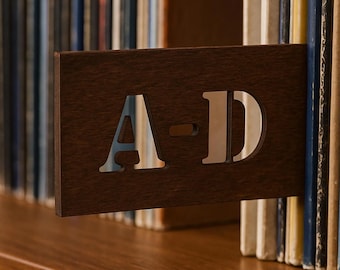 Vinyl record dividers A to Z wooden LP organizers, alphabet album tabs, retro music shelf labels, classic record library system separators