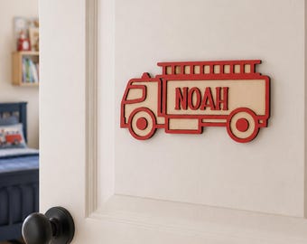 Personalized Fire Truck Name Sign, Firefighter Door Decor, Custom Kids Room Sign, Wooden Fire Engine Nursery Wall Art