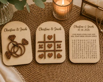 Personalised Wedding Table Games Tic Tac Toe & Ring Toss Favour, Rustic Engraved Wooden Guest Gift, Custom Keepsake, Wedding Reception Game