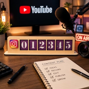 May include: A wooden Instagram-themed content counter with purple number blocks from 0 to 5. The Instagram logo is on the left. A notepad with a content plan checklist and a computer monitor with the YouTube logo are in the background.