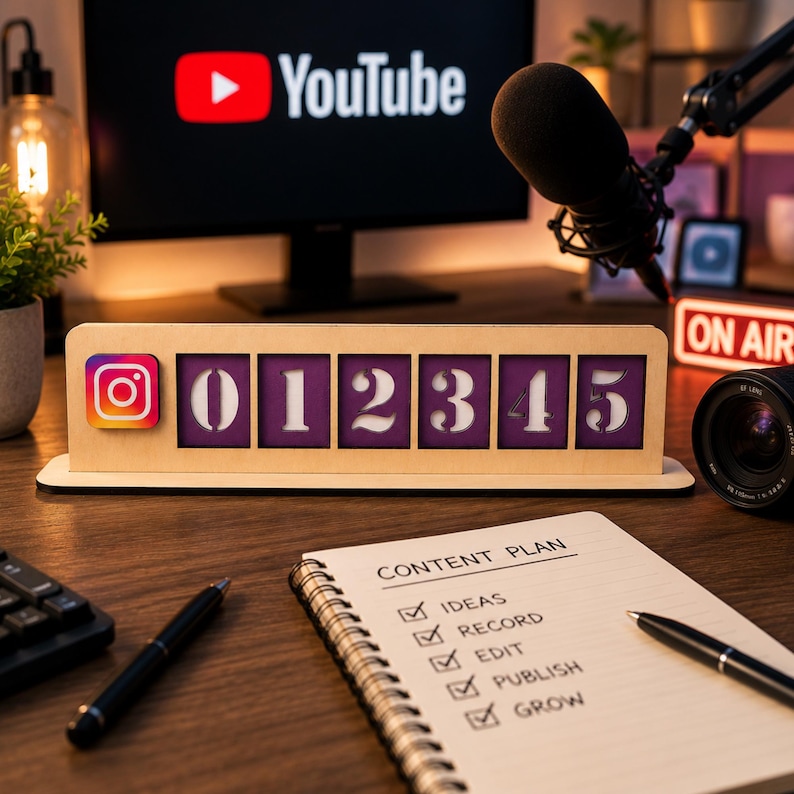 May include: A wooden Instagram-themed content counter with purple number blocks from 0 to 5. The Instagram logo is on the left. A notepad with a content plan checklist and a computer monitor with the YouTube logo are in the background.