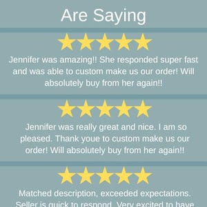 May include: Image with text "What Our Customers Are Saying" and customer reviews. Each review includes a 5-star rating and positive feedback about the seller's responsiveness and product quality.