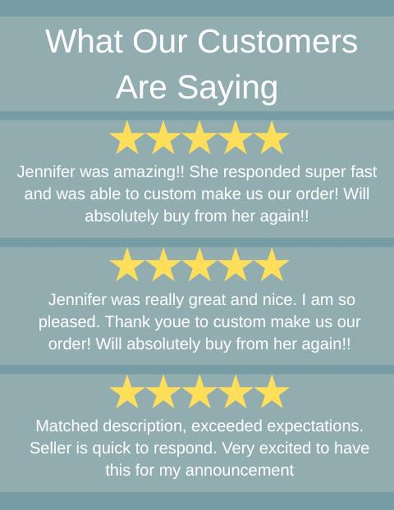 May include: Image with text "What Our Customers Are Saying" and customer reviews. Each review includes a 5-star rating and positive feedback about the seller's responsiveness and product quality.