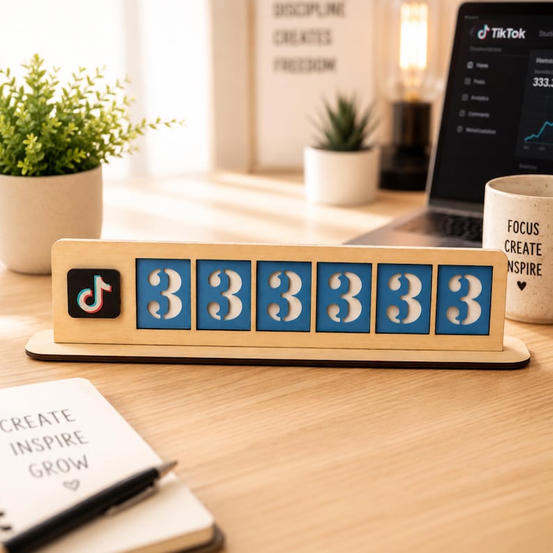 May include: A wooden TikTok follower counter with the TikTok logo on the left and the number 3333333 in white on a blue background. The counter is on a wooden desk with a laptop, a mug that says "Focus Create Inspire", and a notebook.