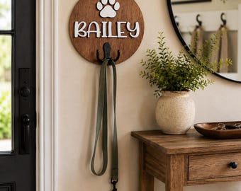 Personalized Dog Leash Holder, Custom Pet Name Hook, Paw Print Wall Hanger, Wooden Leash Organizer, Dog Lover Gift Decor