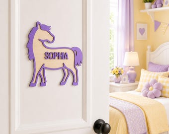 Personalized Horse Door Sign Kids Room Decor Pony Name Plaque Girl Bedroom Sign Equestrian Nursery Wall Art Custom Horse Gift