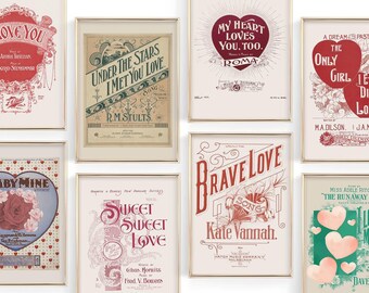 vintage Valentijnsdag SET VAN 8 afdrukbare muurkunst | Valentijnsdagdecor | antieke muurkunst | romantische prints | vintage muziekafdrukken | digitaal