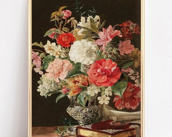 vintage printable wall art | botanical print | antique wall art | dark academia decor | bouquet art print | vintage floral print | digital