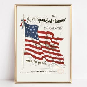 A vintage american flag printable wall art print of the star spangled banner song cover. This print features an american flag blowing in the wind. A patriotic red white and blue print to honor the usa for the 4th of july / independence day. This print is offered as a digital download printable wall art.
