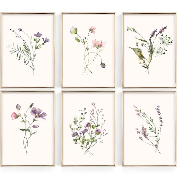 CONJUNTO DE 6 impresiones botánicas de acuarela / arte de pared de flores silvestres / arte de pared imprimible floral / arte de flores de acuarela / conjunto de pared de galería / digital