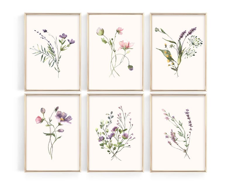 SET OF 6 watercolor botanical prints. wildflower wall art. wildflower art prints. floral printable wall art. watercolor flower art. gallery wall set. boho botanical decor. digital download art .