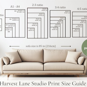 May include: A print size guide displays various rectangular frames with dimensions in inches and centimeters, including A1-A4, 2:3, 3:4, and 4:5 ratios. The text indicates over 20 print sizes are available. A beige sofa is below the guide, with the text "Harvest Lane Studio Print Size Guide".