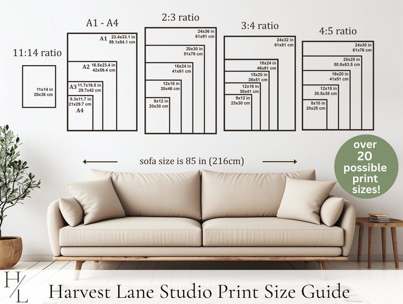 May include: A print size guide displays various rectangular frames with dimensions in inches and centimeters, including A1-A4, 2:3, 3:4, and 4:5 ratios. The text indicates over 20 print sizes are available. A beige sofa is below the guide, with the text "Harvest Lane Studio Print Size Guide".