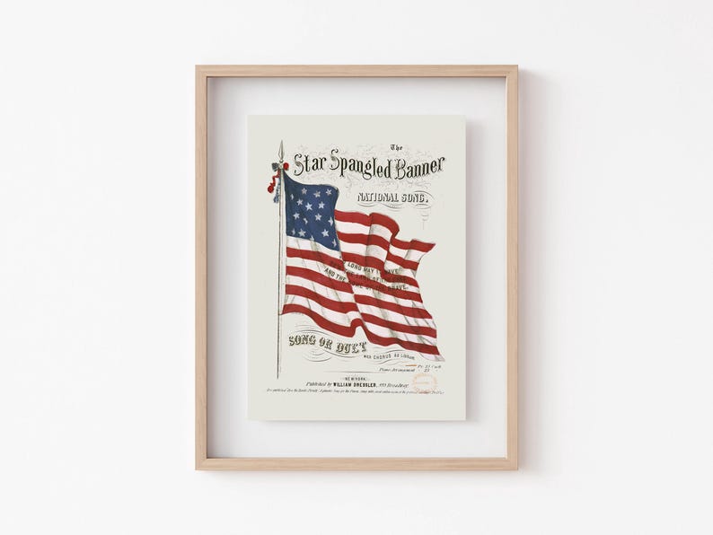 A vintage american flag printable wall art print of the star spangled banner song cover. This print features an american flag blowing in the wind. A patriotic red white and blue print to honor the usa for the 4th of july / independence day. This print is offered as a digital download printable wall art.