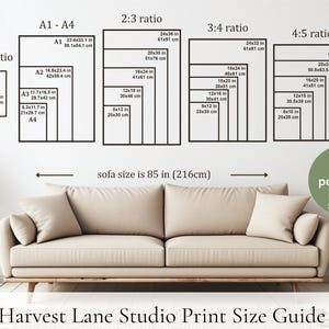 May include: A white wall with a print size guide for artwork. The guide shows different aspect ratios and corresponding print sizes in inches and centimeters. The text "over 20 possible print sizes!" is written in green on a white circle. A beige sofa is in the bottom of the image.