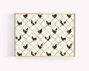 May include: Black and white illustration of chickens in a diamond pattern on a white background. The chickens are all facing the same direction and are in a repeating pattern.