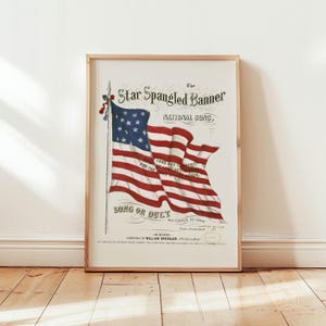 A vintage american flag printable wall art print of the star spangled banner song cover. This print features an american flag blowing in the wind. A patriotic red white and blue print to honor the usa for the 4th of july / independence day. This print is offered as a digital download printable wall art.