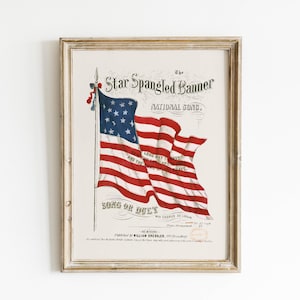 A vintage american flag printable wall art print of the star spangled banner song cover. This print features an american flag blowing in the wind. A patriotic red white and blue print to honor the usa for the 4th of july / independence day. This print is offered as a digital download printable wall art.