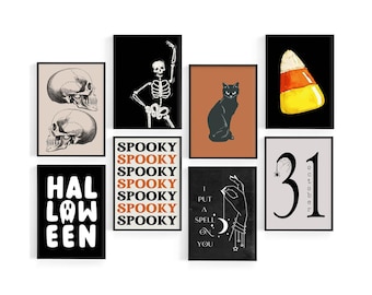 May include: A set of nine Halloween-themed printable wall art prints. The prints feature various spooky designs, including skulls, a skeleton, a black cat, a candy corn, a spider web, and the number 31. The prints are in black, white, orange, and yellow.