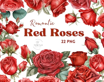 Red Roses Watercolor, Red Rose PNG, Sublimation Clipart, Floral Designs, Wedding Invitations, Vintage Rose Clip art, Antique Rose PNG