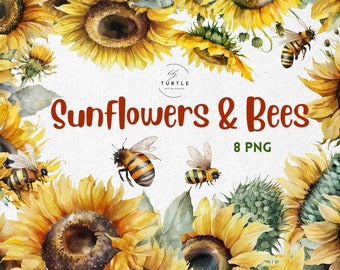 Girasole PNG Clipart, Girasoli vintage con api Clipart png, Bouquet di girasoli, Sublimazione di girasole, Clipart floreale ad acquerello