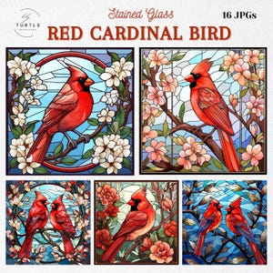May include: A collection of stained glass images featuring red cardinal birds. Each image showcases a vibrant red cardinal perched on branches with flowers, set against a blue sky background. The text "RED CARDINAL BIRD" is displayed at the top.