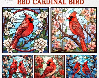 Stained Glass Red Cardinal BUNDLE, Vibrant Stained Glass Northern Red Cardinal Bird in a Mosaic Window, Surrounded by Flowers, Sublimation