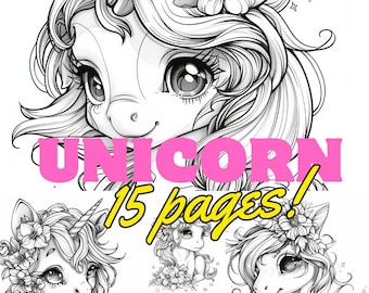 Páginas para colorear de unicornios / Hojas para colorear / Libro para colorear de unicornios / Páginas para colorear de unicornios imprimibles para niños / Unicornio 15 páginas