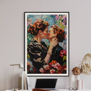 Lesben Liebhaber Malerei, Romantische Frauen, Ästhetischer Druck, Vintage Lesben, Feminismus Poster, Queer Art, Galeriewand, Hochwertiger Druck