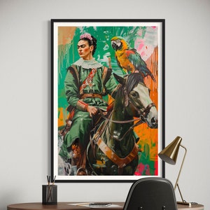Frida Kahlo con poster pappagallo, Frida verde a cavallo, stampa Frida Kahlo dipinto di ALTA QUALITÀ, grande stampa Home Decor Gallery Wall Art