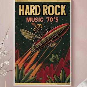 Póster de concierto de hard rock psicodélico de los años 70 para inspirarte. Impresión de una abeja mágica volando en un dirigible. Póster con diseño de cartas del tarot victorianas.