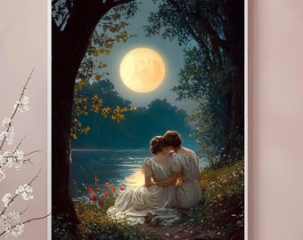 Lámina artística lésbica, pareja soñadora bajo la luna, póster LGBTQ vintage