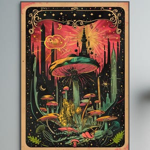 Póster psicodélico de Mushroom City: impresión artística de paisaje urbano alucinante, colores vibrantes, edición limitada, decoración de fantasía