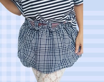 Gonna a palloncino da donna, stampa a quadri, elastico in vita in cotone elasticizzato, costina in cotone a righe