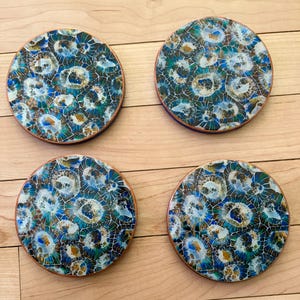 Petoskey Stone Pattern 4” Glazed Round Ceramic Tile Coasters (Set of 4)