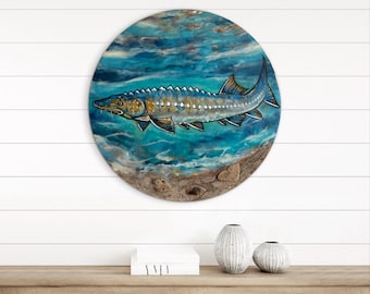 Pintura encáustica de esturión de lago con piedras Petoskey, redonda de 35,5 cm