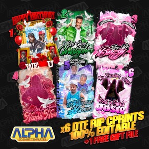 May include: Six digital designs for t-shirts featuring a variety of memorial themes. Each design includes a name, a message, and a graphic element. The designs are editable and come with a free gift file. The designs are in a variety of colors, including pink, blue, and green.