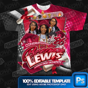 Puede incluir: Camiseta de graduación roja y blanca con una foto de una graduada y el texto "Congratulations Breena Lewis Riverside High School". El diseño incluye un diploma, birrete y emojis.