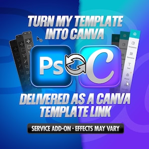 Puede incluir: Gráfico que promociona un servicio para convertir plantillas de Photoshop (Ps) a Canva (C). La imagen presenta el texto "TURN MY TEMPLATE INTO CANVA" y "DELIVERED AS A CANVA TEMPLATE LINK". También se lee "SERVICE ADD-ON - EFFECTS MAY VARY".