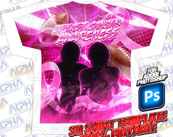 Puede incluir: Una plantilla de camiseta 3D rosa y blanca con un diseño de concienciación sobre el cáncer de mama con dos figuras en silueta, una cinta rosa y balones de fútbol. El texto "Breast Cancer Awareness" está escrito en negrita, en rosa. La plantilla es para usar con Adobe Photoshop.