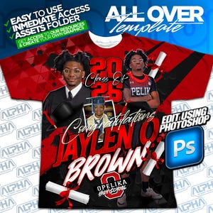 Puede incluir: Un diseño de camiseta con plantilla roja y negra con el texto "Clase de 2025" y "Felicitaciones Jaylen Brown". La camiseta presenta imágenes de un graduado y un diploma. El diseño incluye el texto "Opelika High School".