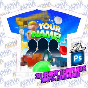 Puede incluir: Una plantilla de camiseta 3D azul y amarilla con un personaje de dibujos animados y el texto "YOUR NAME!" La plantilla es para Adobe Photoshop y es 100% editable.
