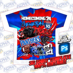 Puede incluir: Una plantilla de camiseta 3D roja, blanca y azul con el texto "HOMECOMING 24 GENERAL TRASS PANTHERS CLASS OF 2021" con un gráfico de pantera y un casco de fútbol. La plantilla es para usar con Adobe Photoshop.