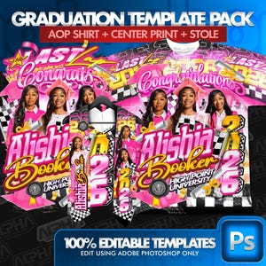 Puede incluir: Un paquete de plantillas de graduación con una camisa AOP rosa, impresión central y estola. El diseño incluye el texto "Last Congrats" y "Alishia Booker 2026 High Point University". El diseño es 100% editable con Adobe Photoshop.